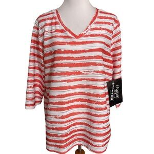 Onque Casuals Stretch Coral and White V-Neck Blouse